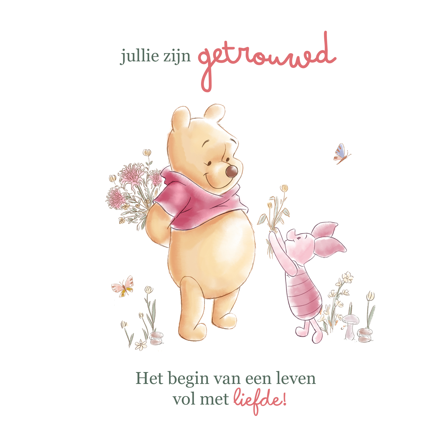 Disney Winnie The Pooh Kaart | Felicitatie huwelijk | Een bos bloemen van winnie voor het getrouwde stel